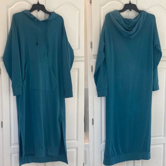 Stateside Teal Softest Fleece Hooded Midi Dress Kangaroo Pocket - Picture 2 of 9